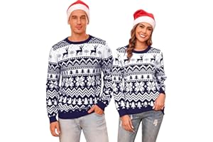 Aottori Jersey Navidad Mujer Hombre Suéter Navideño Punto Cuello Redondo Pareja Familia Unisex Pullover Manga Larga Invierno Reno Copo Nieve Cálido