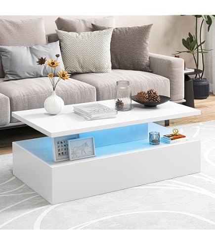 KOMHTOM Table Basse Rectangulaire Moderne 80x55x41cm Avec 4 Tiroirs Et Plateau Relevable - LED Blanc