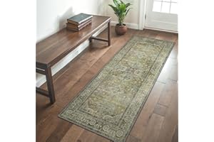GENIMO Washable Vintage Rug Runner 80x150cm – Non-Slip Thin Carpet with Floral Print for Hallway, Living Room, Bedroom, Kitchen – Sage Green