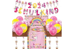 LECONCES Einschulung Deko Mädchen, SCHULKIND 2024 Deko Set, SCHULKIND Girlande, Zuckertüten Banner, HURRA SCHULKIND Tischdecken, 15 Luftballons mit ABC 123, 8 Einschulung Torten Deko Rosa
