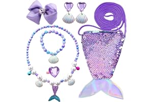GWAWG Mermaid Bag Jewellery Gift 7 PCS Mermaid Princess Necklace Bracelet Rings Earrings Bow Mermaid Crossbody Bag Purse with Jewelry Set Mermaid Jewelry Gifts for Little Girl Dress Up Party
