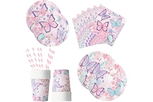 Assugo 60 Stück schmetterlinge deko geburtstag partygeschirr, umfassen pappteller geburtstag mädchen, servietten schmetterling,Strohhalmen,Bechern, geburtstagsdeko kinder für party(10 Gäste)