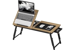 HOMCOM Table de lit Pliable et réglable, Plateau pour Ordinateur Portable avec Plateau inclinable, tiroir, Bureau de lit en Bambou, 83,5l x 33P x 23,5-34H cm, chêne