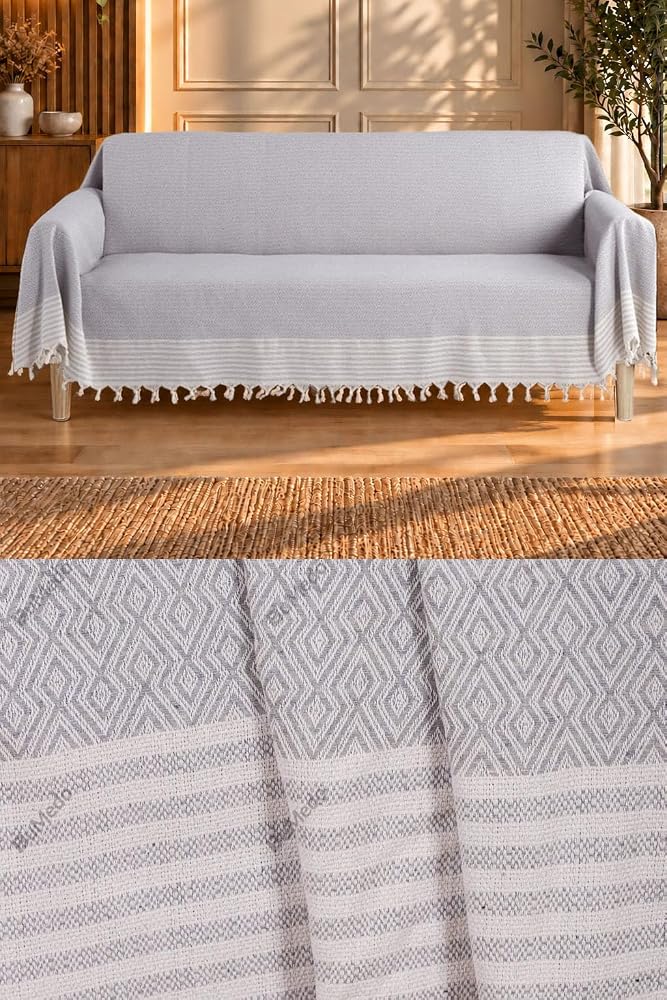 Natural Buldan İşi Kolları Örten Kaymaz Kanepe Çekyat Koltuk Örtüsü 180x300 cm Pamuk Dokuma (Açık Gri)