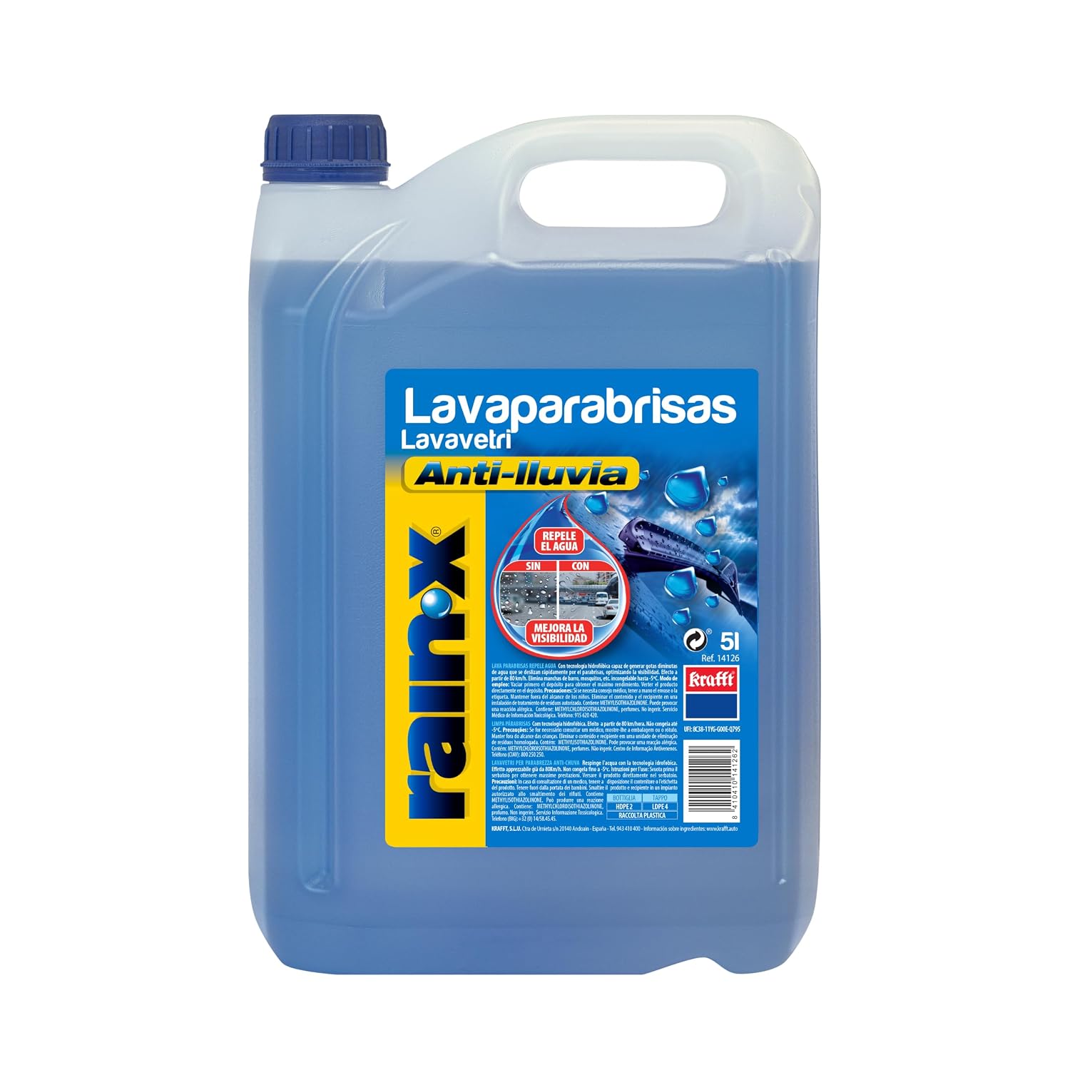 Rain-X Limpiaparabrisas Coche Antilluvia - Protección hasta -5ºC -5L | Fórmula Hidrofóbica -Visibilidad Superior y Limpieza sin Marcas