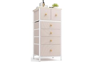 EnHomee Chest of Drawers Bedroom, Tall Chest of Drawers Fabric Dresser with Wood Top, 6 Drawers Dresser Storage Drawers Beige White, Small Chest of Drawers for Bedroom, Playroom, Hallway