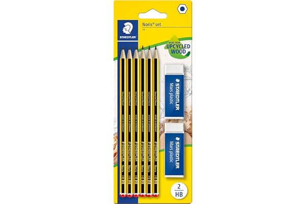 Staedtler Noris 120, Crayons à papier HB en bois de haute qualité, Étui blister de 6 crayons HB et 2 gommes originales Mars Plastic, 120 R BK6D