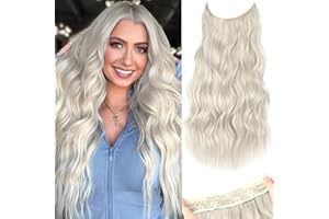 PORSMEER Extensiones de cabello de alambre invisible con diadema transparente clips seguros ajustables extensión de pelo largo ondulado 20 pulgadas para las mujeres (platino)