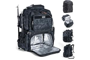 Goture Doppelstöckiger Angelrucksack – 53L wasserdichte Angelgerätetasche mit Exklusivem Fachkonzept, Isolierschicht & Regenschutz, 600D Oxford Eva-Bezug mit 2 Rutenhaltern, Platz für 4 Köderboxen