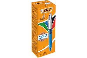 BIC 4 Colours Grip Retractable Ballpoint Pens - Box of 12- Medium Point (1.0 mm) - Extra-Comfort Grip - Translucent Blue Barrel