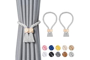 Pretty Jolly Polyeder magnetische Vorhang-Raffhalter aus Holz, Boho-Dekoration, Raffhalter, natürliche Baumwolle, handgewebt, für Fenstervorhänge für Zuhause und Büro, Hellgrau, 2 Stück