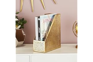 Deco 79 CosmoLiving by Cosmopolitan Metal Single Slot Magazine Holder with Laser Carved Floral Design, 5" x 10" x 12", Gold