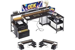 ODK Biurko z szufladami, dwustronne, narożne, duże biurko z diodami LED, biurko w kształcie litery L z listwą zasilającą, czarne, 172,5 x 100 cm