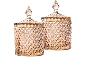 HANFCO® 2Pcs 10oz Glass Cotton Bud Holder Dispenser Cotton Pad Holder Amber Jars With Lid Bathroom Accessory Makeup Vanity Cotton Balls Wool Swab Pads Q Tip Candle Holder Apothecary Jars (Amber)