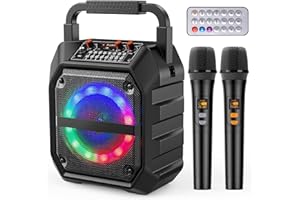 PKBD Karaoke Machine with Two Wireless Microphones,Portable Bluetooth Speaker with LED Lights, PA System, Supports TF Card/USB for Adults & Kids, for Girls Boys Families Home Party (Dark Black)