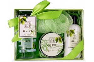 Accentra badset OLIVE i grön vit guldfärgad presentbox med 10 g nätbadsvamp | Skönhetskit för badrum, födelsedag, julklapp eller uppskattning, kroppssmör, badpuff, dekorativ ask, tydlig layout, vardag