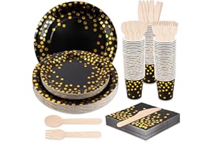 Black Paper Plates, Anstore 200pcs Black Party Tableware Set, Plate and Cutlery Set with Gold Polka Dots Including Plates, Spoon, Fork, Knife, Cups, Napkins Serves 25 Guests for Wedding Party Birthday