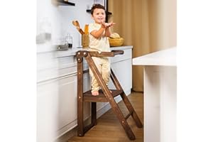 Goodevas Foldable Toddler Kitchen Helper Step Stool, Wooden, Kids/Children/Baby Choco