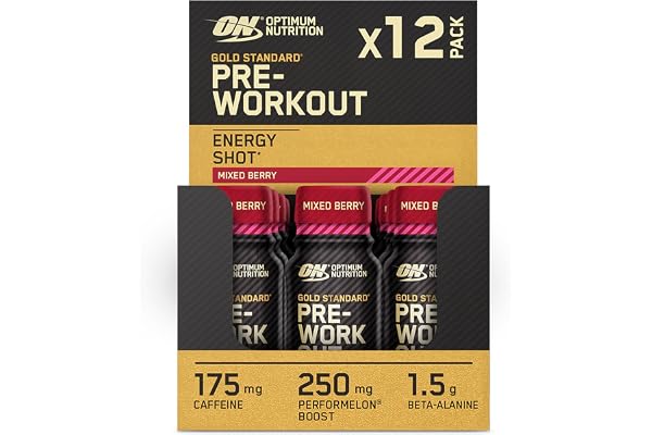 Optimum Nutrition Gold Standard Pre Workout Shot Mixed Berry 12x60ml | Blandat bär, 12 portioner, beta-alanin, koffein, vitamin B6 och B12, fokus och energi, klar att dricka före träning