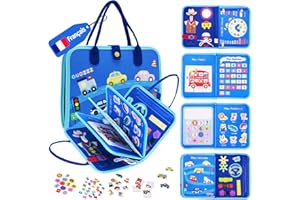 OUOZZZ Busy Board Montessori Voiture en Français – Jouet Éducatif 1 2 3 Ans – Apprentissage des Lettres, Chiffres et Compétences de Vie – Tableau d’Activité Bébé Voyage – Cadeau Fille Garçon