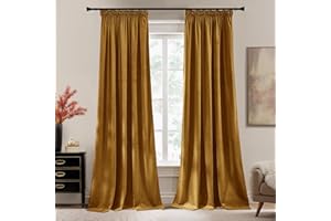 PONY DANCE Golden Brown Velvet Blackout Pencil Pleat Curtains - Thermal Insulated Luxury Drapes with Rod Pocket for Living Room & Bedroom, 52x84 Inches, 2 Panels