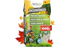 TerraUno Premium Herbstdünger Rasen, gesunder Rasen verdrängt Moos & Unkraut, Rasendünger Herbst mit 60 Tage Langzeitwirkung, 20 kg für 1000 m², Herbstrasendünger, Sofortwirkung, extra starkes Grün