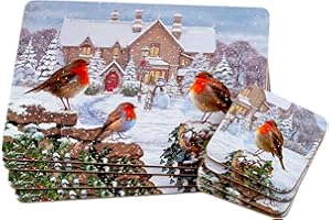 HMKCH BWG Set Of 4 Robin In Snow Scene Christmas Dinner Place Mats And Coasters
