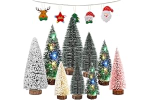 TAVADA 9 Sztuk Mini Choinka Artyficjalna | 10/15/20cm Świetlana & Zefektem Śniegu | Podstawa Drewniana + 5 Dekoracji Włączonych | Dekoracja Bożonarodzeniowa na Stół, Mieszkanie & Skrzydło