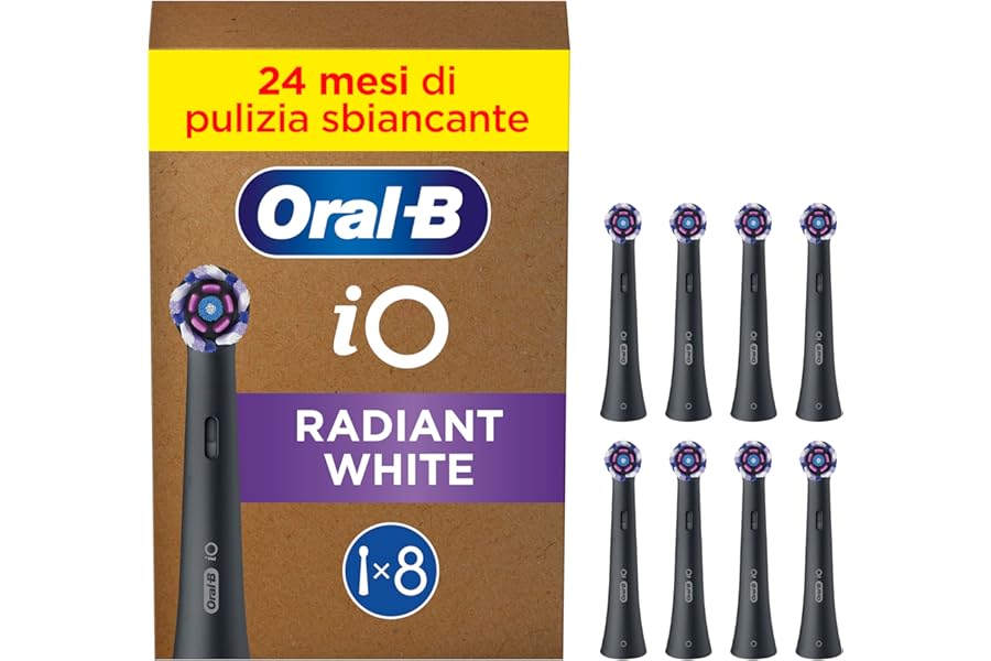 Oral-B iO Radiant White Replacement Heads, Black, 8 Spare Parts – 8 Replacement Heads for Electric Toothbrush, Original Round, Angled Bristles and Polishing Bristles, Teeth Cleaning
