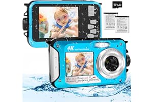 LEOLAMVAED Cámara Acuática 4K con Tarjeta de Memoria de 64 GB, Cámara Sumergible de 48 MP con Enfoque Automático y Pantallas Duales Selfie HD, Cámara Acuática Sumergible de 3 Metros para Bucear (2 Baterías)