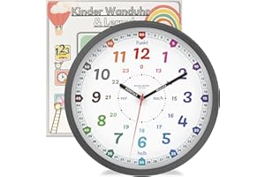 Bada Bing Zegar ścienny dla dzieci, zegar do nauki bez tykania dźwięków – analogowy zegar dziecięcy do nauki godziny – dekoracja pokoju dziecięcego dla dzieci zegar ścienny dla dziewcząt i chłopców –