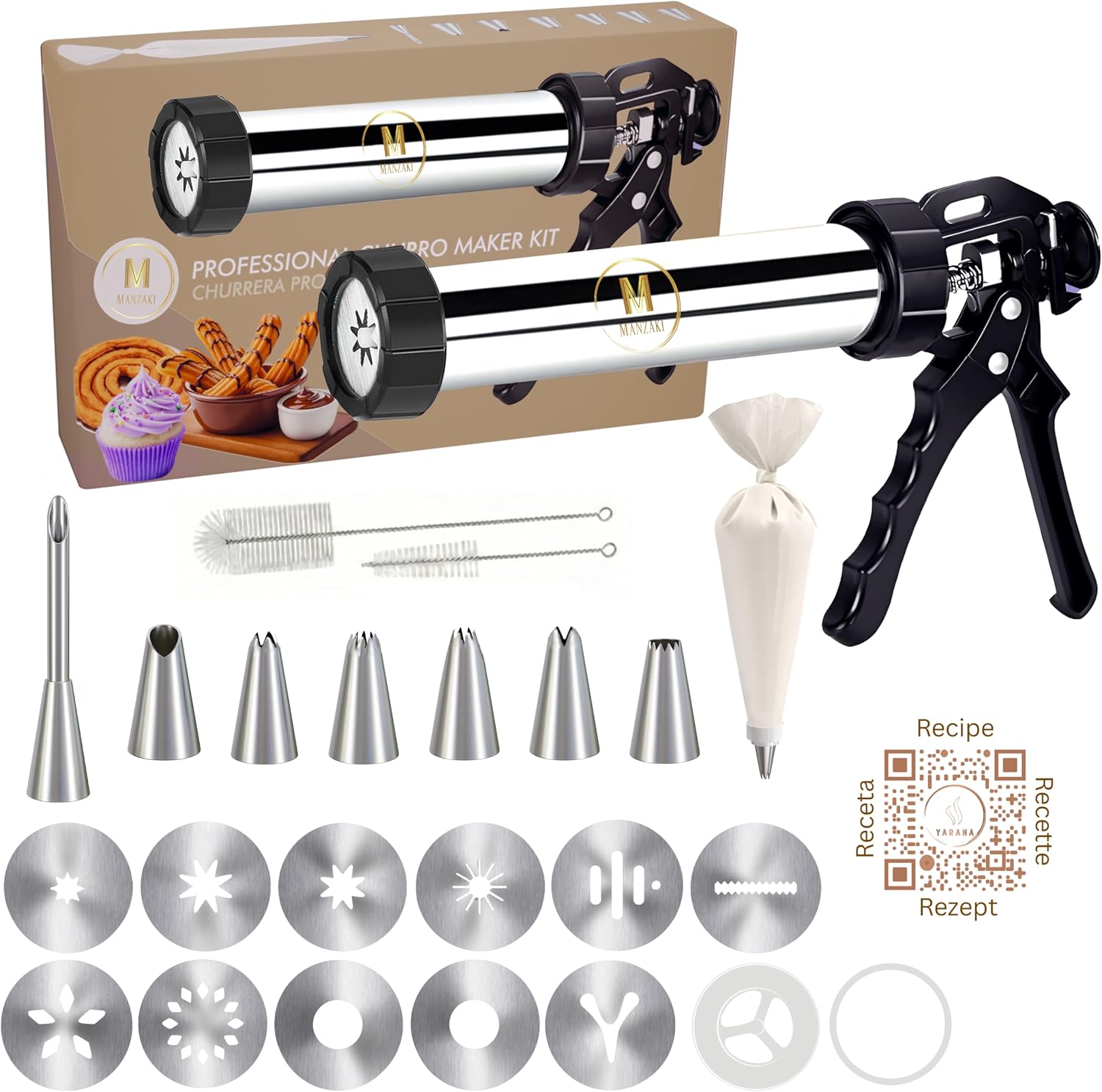 Churrera profesional de acero inoxidable 304 sin BPA y certificada por la UE – Kit para churros, porras y galletas con manga pastelera 41 cm, 12 discos, 7 boquillas y recetas online