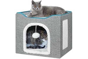 BRIAN & DANY Casa para Gatos Plegable y Lavable a Máquina, Cubo de Gato con Rascador para Gatos y Bola Mullida, 40 x 40 x 32 cm, Gris