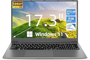 SGIN 17,3 Pouces Ordinateur Portable, 8 Go RAM 512 Go SSD Notebook, Celeron Dual-Core, Up to 2.8 Ghz, 1920 * 1080 FHD, 2.4/5.0G WiFi, 4.2 Bluetooth, Prend en Mémoire Extensible 512 Go TF