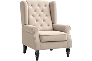 HOMCOM Poltrona Camera da Letto in Stile Francese con Ampia Seduta, Poltroncina Camera da Letto Trapuntato con Braccioli e Imbottitura, con Gambe in Legno per Soggiorno e Ufficio, Beige