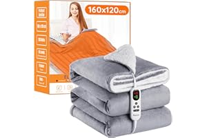 Mia&Coco Electric Heated Blanket Throw Flannel Sherpa Fast Heating 120x160cm, 10 Heat Levels & Up-to-9-Hours Auto-Off Timer & LED Display, for Home Office Use, Machine Washable, ETL Certified, Grey