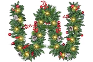 TIMIYOU Guirnalda Navideña Artificial Premium 270cm, Guirnalda Navidad con Luces con Temporizador, Decoración Navidad Duradera para Chimeneas, Ventanas, Escaleras, Arco y Fiestas