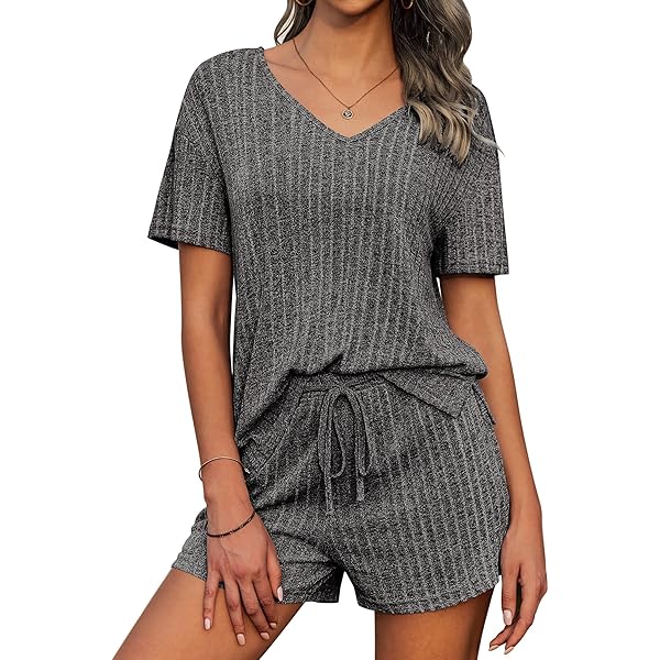 Imily Bela Pyjama dames korte ronde hals pyjama set zomer 3/4 mouwen nachtkleding los casual, grijs, S