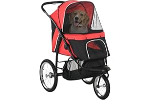 PawHut Dog Pram, Dog Stroller Jogger Foldable Pet Pushchair for Medium, Small Breeds, w/Rubber Wheels, Washable Cushion, Red