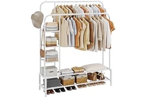 JOISCOPE Metal Clothes Rails,125.5 * 164cm Clothes Rails for Bedroom with 2 Hanging Rails to Hang Clothes,Clothes rack with 4 Clothes Hooks,4 Shelves and 2 layers for Shoes and Clothes Storage,White