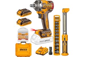 Ingco 20V Cordless Impact Wrench 405NM, Variable Speed 2400RPM, With 1Pcs Work Lamp, 2Pcs 2.0Ah Battery And Charger, 10Pcs Socket, 10pcs Screwdriver bits, Packed by Carrying Case
