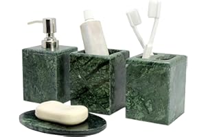 KLEO - Bathroom Accessory Set made from Natural Stone - Bath Accessories set of 4 includes Soap Dispenser, Toothbrush Holder, Tumbler and Soap Dish (Green)