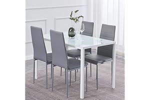 TRESBIEN Dining Table and Chairs Set 4, Modern Marble Effect Glass Dining Table and 4 Faux Leather Chairs