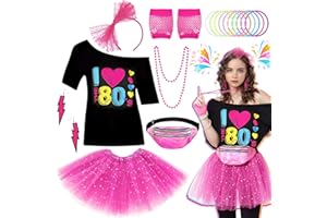 GLIROP Ladies 80s Fancy Dress Costume, 1980s Costume Outfits Accessories Set with T-Shirt Tutu Skirt Bag Gloves Headband Earrings Necklace Bracelets for Women Girls Retro Theme Hen Party