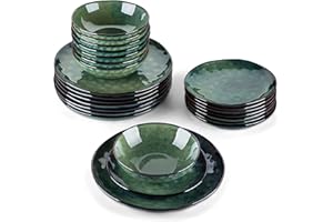 vancasso Starry Green Dinner Sets, Reactive Glaze Plates and Bowls Set, 24-Piece Crockery Set with 11in Dinner Plate, 8in Dessert Plate and 750ml Bowl, Service for 8