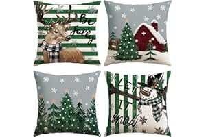 Artscope Poszewka na poduszkę z bałwanem i łosiem, zestaw 4 lnianych poszewek na poduszkę na sofę do domu, salonu, sypialni, Boże Narodzenie, dekoracja domu, 50 x 50 cm (zielona)