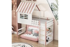 ‎WIZBED WIZBED Hochbett 90x200, Kinderbett mit Ablagefach, Multifunktionsbett Massivholzbett mit Rausfallschutz und Lattenrost Spielbett, Rosa, ohne Matratze