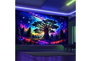 Arsey Arazzo da parete con luce nera, motivo: foresta Trippy, resistente ai raggi UV, rettangolare, albero a stelle, Galaxy Aesthetic, telo decorativo per soggiorno, colorato, extra grande, 300 x 180