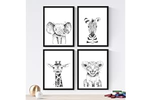 NACNIC Set de 4 láminas de Aniimales Infantiles Blanco Y Negro, en tamaño A3. Sin Marco