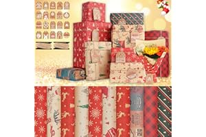 ESVYIT Carta Regalo Natalizia Kraft Riciclata 10 Fogli, Carta da Regalo Natale Bambini Rossa con 20 Etichette Regalo e 2 Spago di Iuta, Carta Pacchi Natale Carta Natalizia per Regali, 50 x 70 cm
